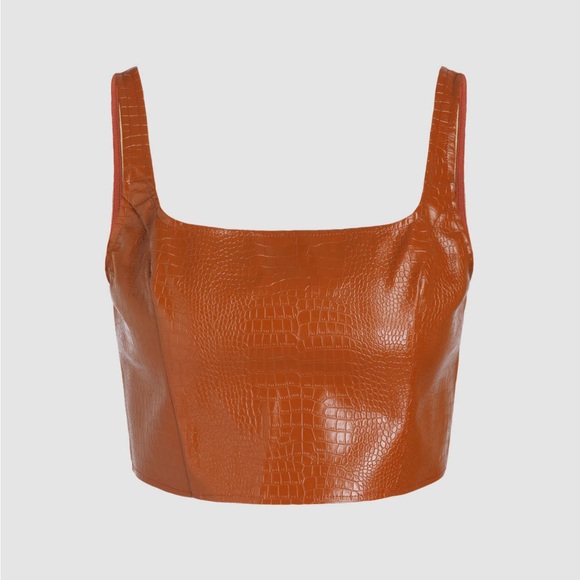 Cider Brown Faux Leather Crop Tank with Zipper - Picture 1 of 7